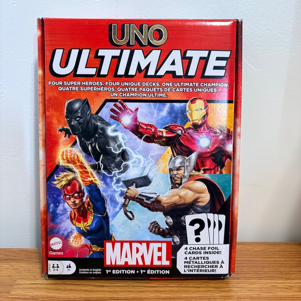 Mattel Uno Ultimate HHV87 Marvel Avengers 1st Edition Card Game Chase Foils NEW